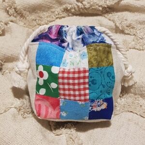 One-of-a-Kind Patchwork Drawstring Mini Bag | Vintage Floral Blues Red Gingham